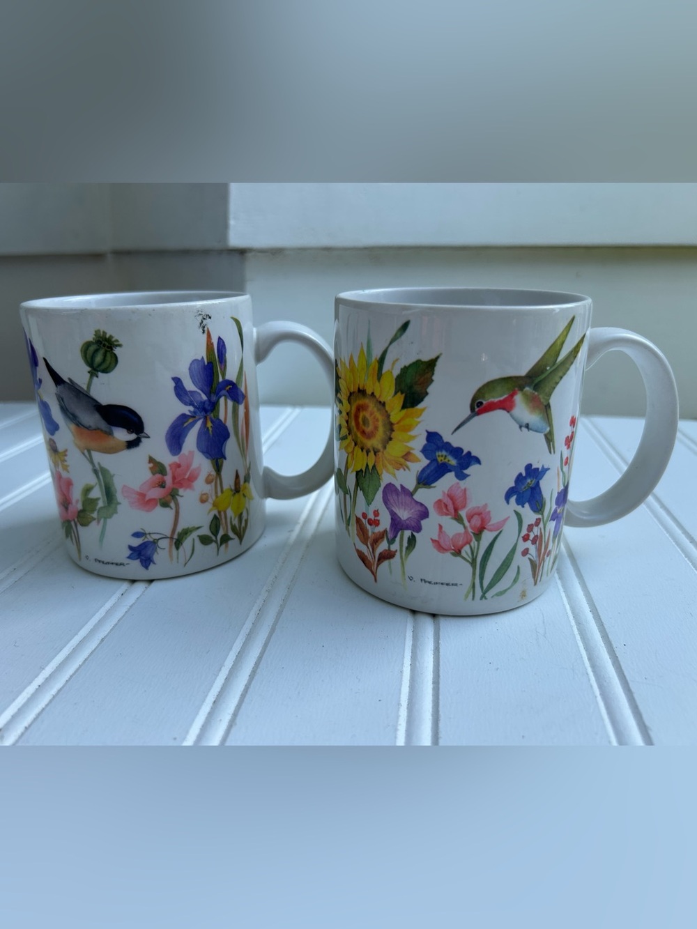 Vintage Mugs Valarie Pfeiffer Floral Bird Ceramic Coffee Cups Cottagecore  2 - Picture 2 of 10